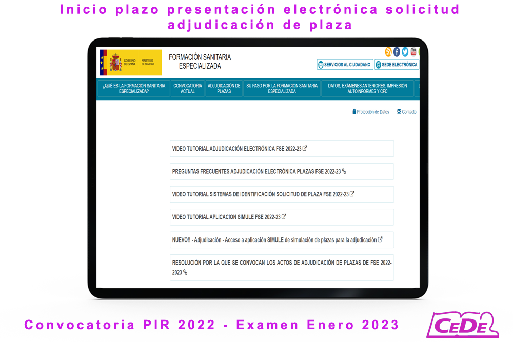 Inicio plazo presentación electrónica de solicitud de adjudicación de plaza PIR (Convocatoria 2022 – Examen 2023)